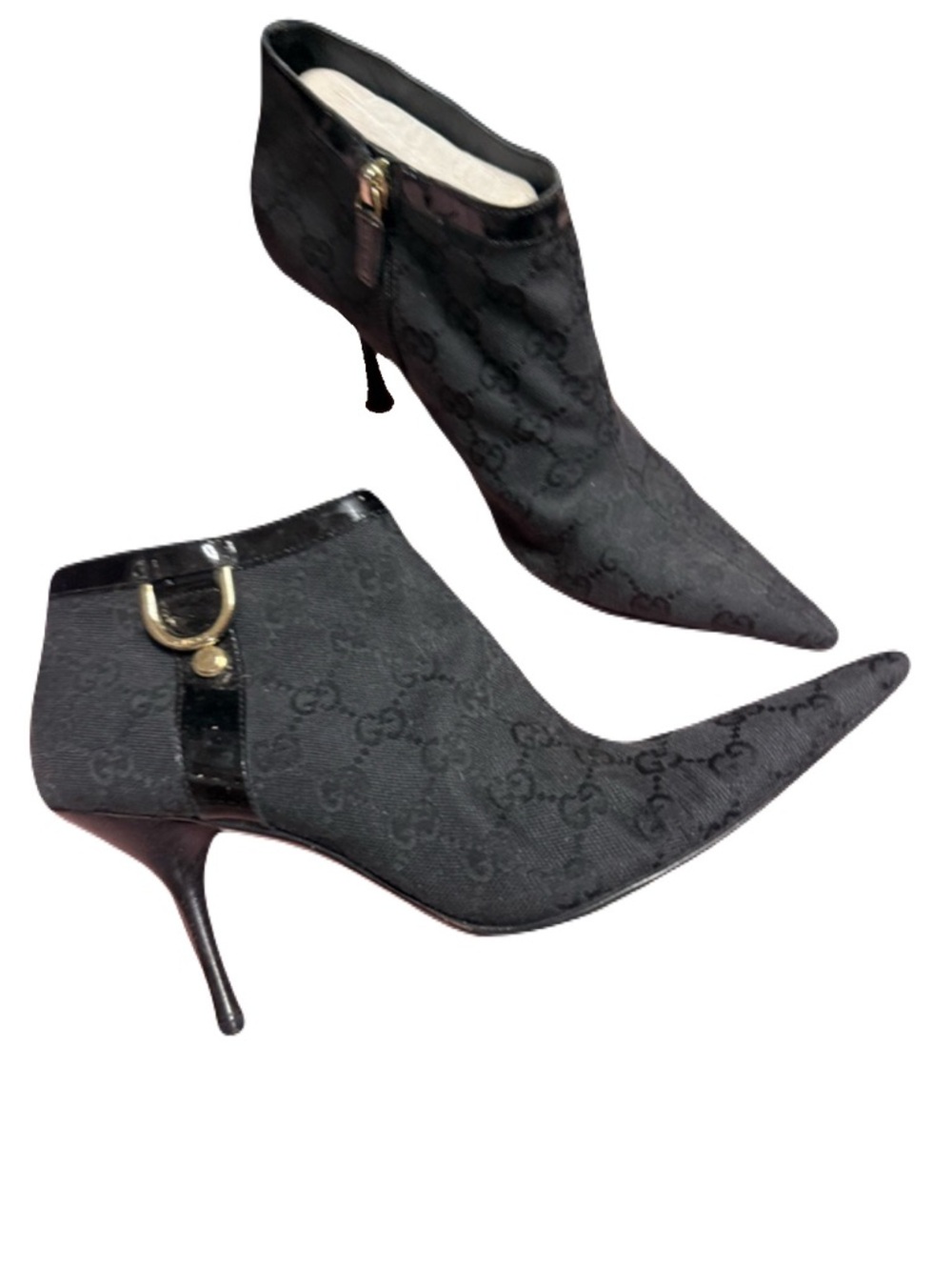 Gucci GG Canvas Monogram Black Ankle Booties D Ring Stiletto Pointed Toe Sz 8.5
